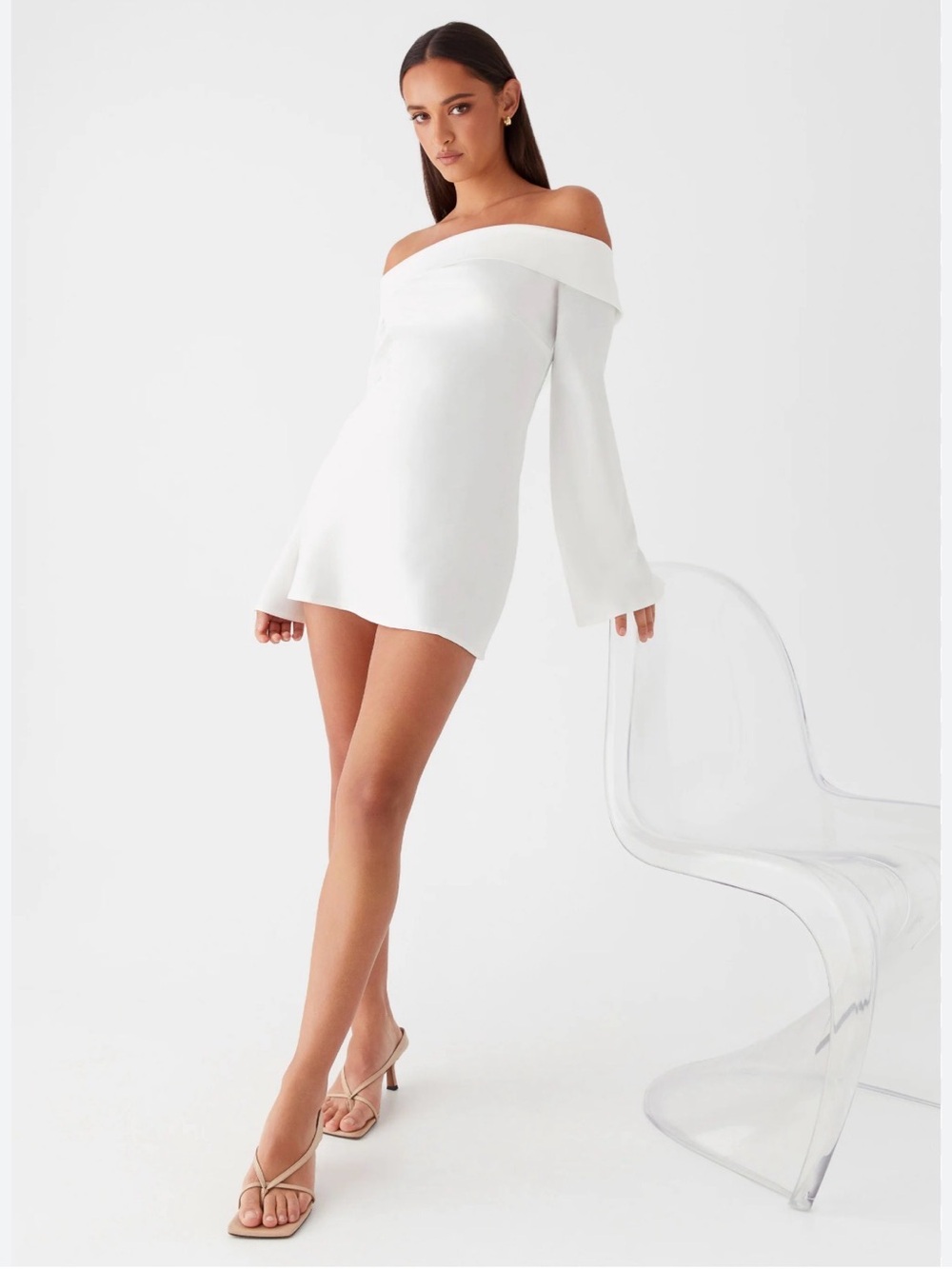 Peppermayo Satin Off-Shoulder Bell Sleeve Dress - White Suez XXS